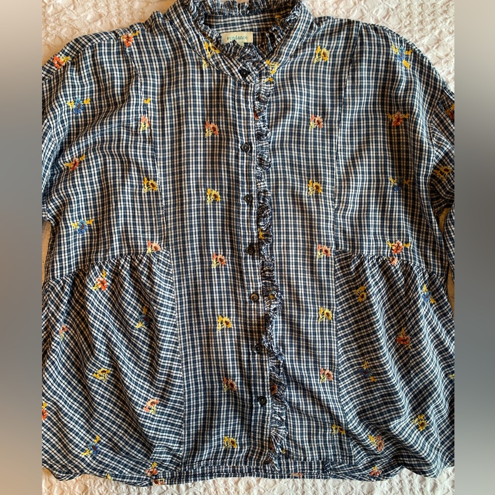 Sundance Navy Checkered Blouse with Floral Accents - Picture 3 of 16